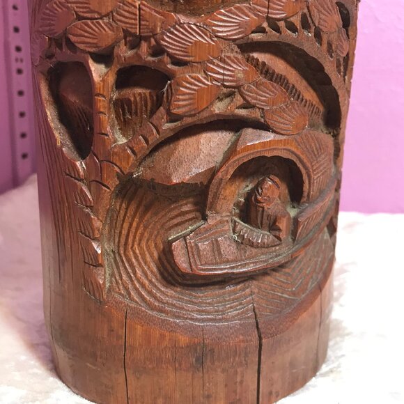 Vintage MCM Mid-Century Modern Wood Lamp * Hand Carved Fishing Water Boat Trees - Picture 5 of 13